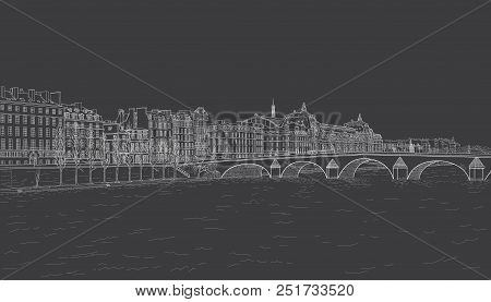 Drawing Of The Embankment Of The Seine And The Bridge In Paris. Painted With Chalk On Black