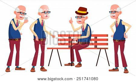 Old Man Poses Set Vector. Elderly People. Senior Person. Aged. Active Grandparent. Joy. Presentation