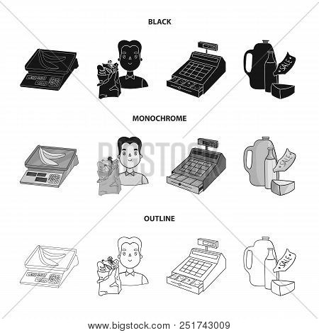 Package, Scales, Banana, Fruit .supermarket Set Collection Icons In Black, Monochrome, Outline Style