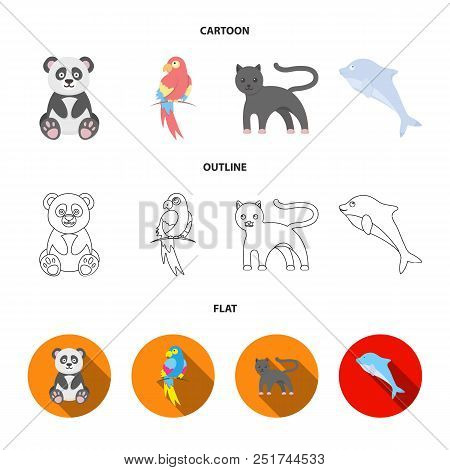 Panda.popugay, Panther, Dolphin.animal Set Collection Icons In Cartoon, Outline, Flat Style Vector S