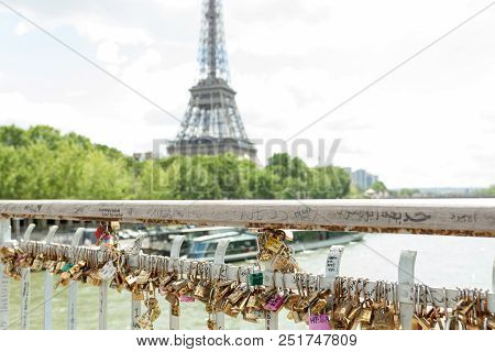 Paris, France, Europe - June 02, 2018: Padlocks On The Arts Bridge Over The Seine River In Paris Wit