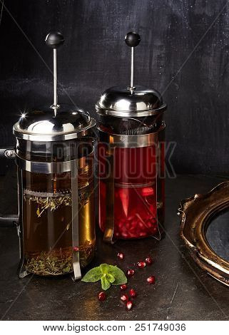 Fruit Teas Set of Green Tea, Pomegranate, Hibiscus, Raspberry and Sea Buckthorn Tea. Hot and Cold Sweet Fruit Drink Collection in French Presses with Honey and Fragrant Herbs