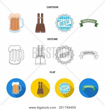 Shorts With Suspenders, A Glass Of Beer, A Sign, An Emblem. Oktoberfest Set Collection Icons In Cart