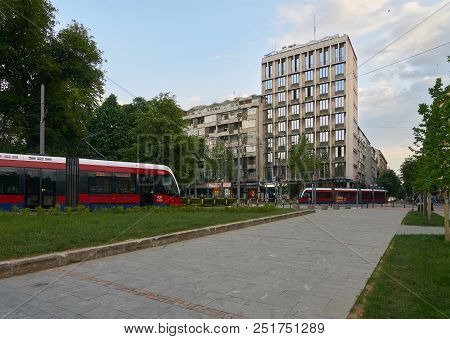 Belgrade, Serbia - May 04, 2018: Evening View On New Red Trams On Bulevar Kralja Aleksandra Boulevar