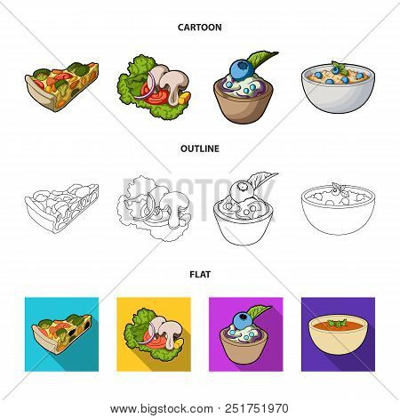 Piece Of Vegetarian Pizza With Tomatoes, Lettuce Leaves With Mushrooms, Blueberry Cake, Vegetarian S
