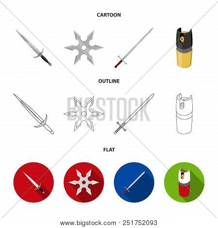 Sword, Two-handed Sword, Gas Balloon, Shuriken. Weapons Set Collection Icons In Cartoon, Outline, Fl