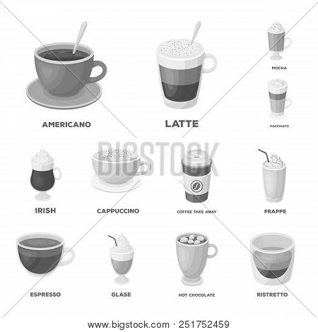 Different Kinds Of Coffee Monochrome Icons In Set Collection For Design. Coffee Drink Vector Symbol 