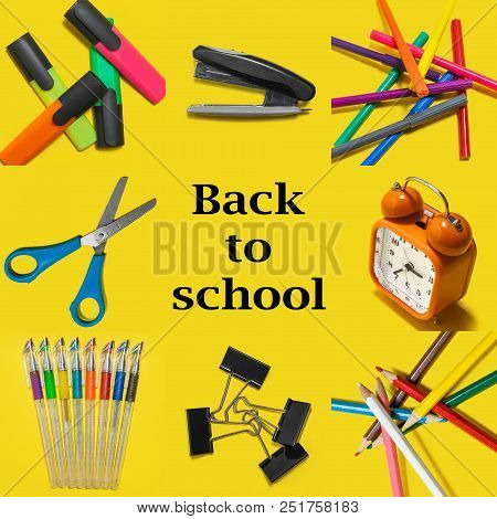 Back To School Design With School Items And Suplies On A Yellow Background. Mockup For Instagram. To