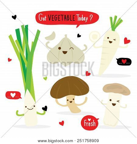 Vegetable Cartoon Cute Set Radish Shiitake Eringii Mushroom Garlic Leek Vector