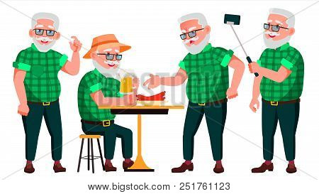 Old Man Poses Set Vector. Elderly People. Senior Person. Aged. Caucasian Retiree. Smile. Web, Poster