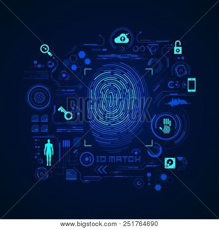 Concept Of Cyber Security Or Biometrics, Graphic Of Fingerprint With Digital Technology Interface