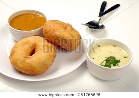 Sambar Vada Or Medu Vada Is A Very Popular South Indian Food On White Background