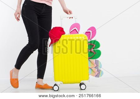 Girl With Suitcase Isolated On White Background .summer Holidays. Summer Flip Flops Or Slippers. Tra