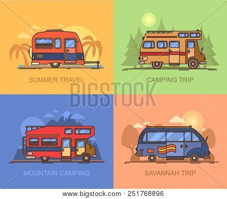 Set Of Auto Transport For Holiday Recreation Or Vacation. Van For Savannah Trip. Lorry, Truck For Mo