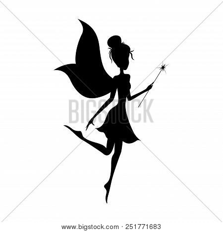 Silhouette Of Magical Fairy With Her Wand On White Background