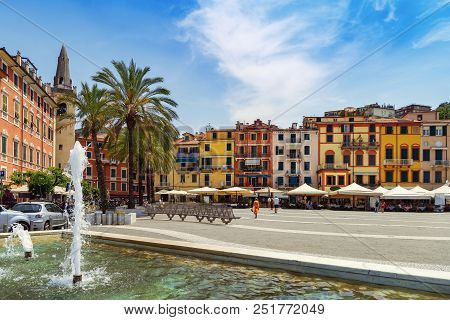 The Central Square Of The City Of Lerici, Italy. Beautiful Colorful Cityscape. Traditional Italian A