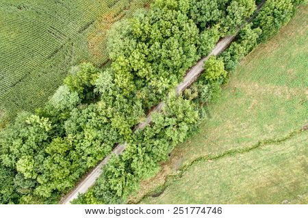 aerial view of Katy Trail near Pilot Grove, Missouri - 237 mile bike trail stretching across most of the state of Missouri converted from abandoned railroad