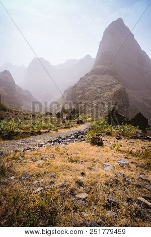 Santo Antao Island, Cape Verde. Aranhas Mountain Peak In The Decay Ruine Valley Houses. Stony Hiking