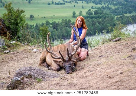 A Young Red-haired Woman Dressed In Sports Clothes Stroking The Horns And Skin Of A Deer Maral
