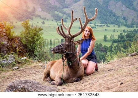 A Young Red-haired Girl Dressed In Sports Clothes Stroking The Horns And Skin Of A Deer Maral Who Li