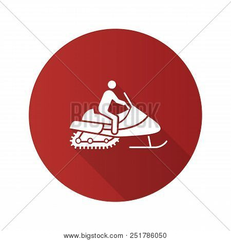 Man Driving Snowmobile Flat Design Long Shadow Glyph Icon. Motor Sled Driver. Vector Silhouette Illu