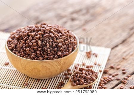 Breakfast Cereal, Puffed Rice With Cocoa In Bowl On Wooden Table