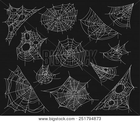 Cobweb Set On Black. Tangled Three-dimensional Spider White Web For Catching Insects In Spooky Darkn
