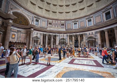 Rome, Italy - 22.06.2018: Tourists Visit The Pantheon In Rome. Ancient Pantheon Is One Of The Best-k