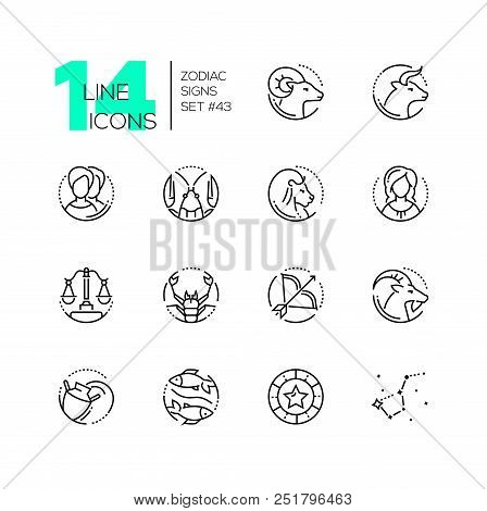 Zodiac Signs - Set Of Line Design Style Icons Isolated On White Background. Black Pictograms With Ar