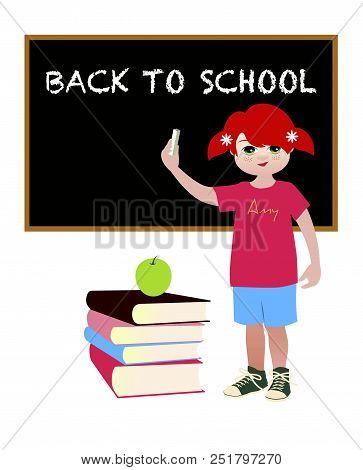 Girl Showing A Text Back To School On The Blackboard.