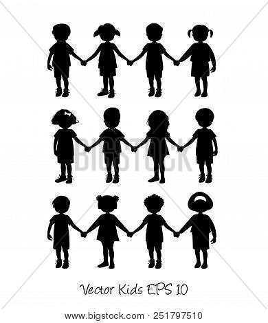 Set Of Little Kids Silhouettes Holding Hands