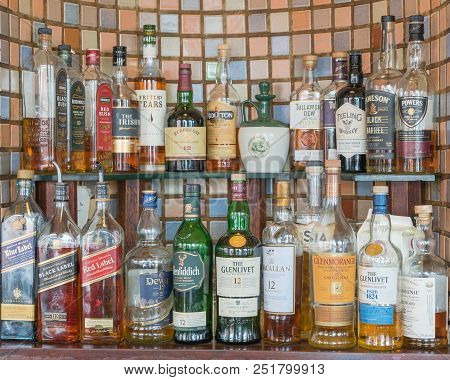 Variety Of Spirits, Scotch And Whiskey At Irish Pub In San Francisco, Ca, Usa