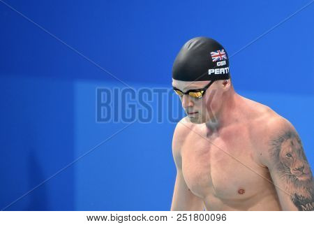 Budapest, Hungary - Jul 25, 2017. Competitive Swimmer Peaty Adam (gbr) In The 50m Breaststroke Semif
