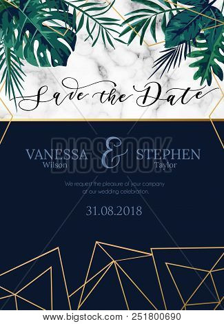 Vector Invitation Card With Tropical Leaves. Minimalistic Design With Marble, Rose Gold Geometric Li
