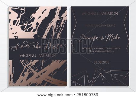 Save The Date Wedding Invitation Cards On Dark And Platinum Textured Background With Lettering And G
