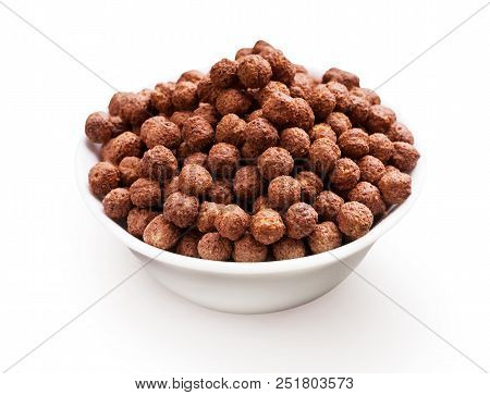 Chocolate Balls Corn Flakes In White Bowl Isolated On White Background