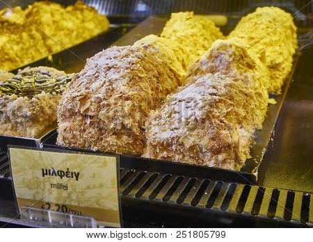 Athens, Greece - June 29, 2018. Galaktoboureko, Typical Greek Sweet In A Storefront Of A Greek Pastr