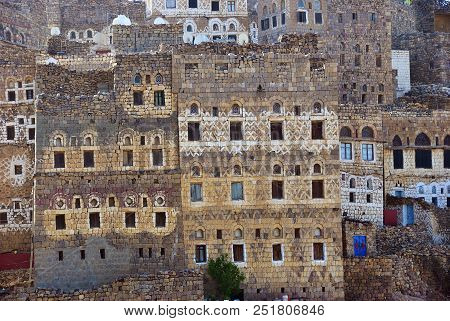 Traditional Yemeni Medieval Architecture In The Village Of Al Hajjarah On Haraz Mountains. Yemen