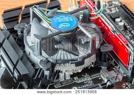 Pruszcz Gdanski, Poland - June 13, 2018: Intel Cpu With Intel Fan On Motherboard.