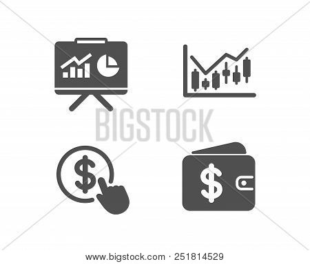 Set Of Buy Currency, Financial Diagram And Presentation Icons. Dollar Wallet Sign. Money Exchange, C
