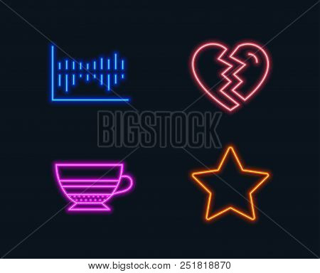 Neon Lights. Set Of Break Up, Mocha And Column Diagram Icons. Star Sign. Divorce, Coffee Cup, Sale S