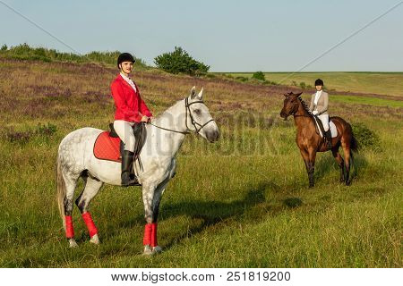 Horseback Riders. Two Attractive Women Ride Horses On A Green Meadow. Horse Riding. Horse Racing. Ri
