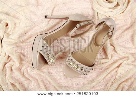 Woman Summer Shoes With Accecories On Background