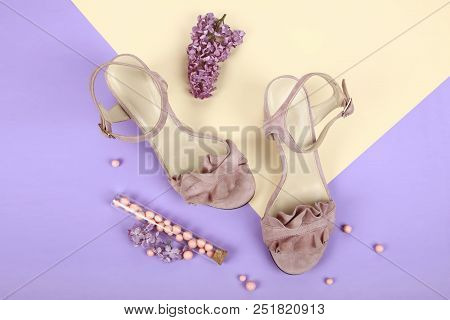 Woman Summer Shoes With Accecories On Background