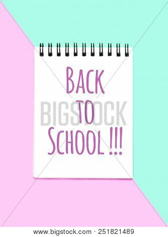 Empty Notebook Or Notepad On Pink And Blue Background. Creative Minimalism Chancery Concept. Top Vie