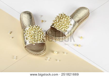 Woman Summer Shoes With Accecories On Background
