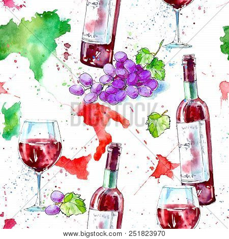 Seamless Pattern Of A Bottle Of Red Wine, Glasses, Map Of Italy And Grapes.picture Of A Alcoholic Dr