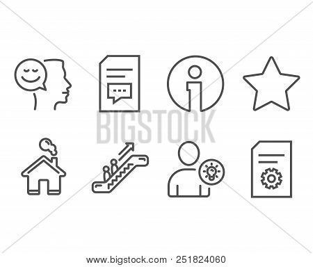 Set Of User Idea, Comments And Good Mood Icons. Star, Escalator And File Settings Signs. Light Bulb,