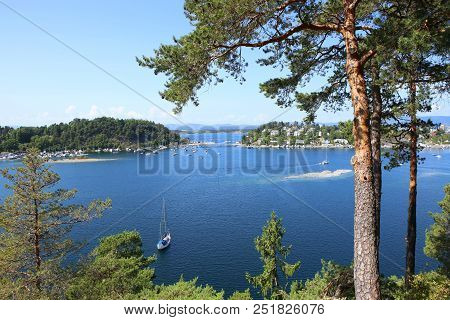 Oslo, Norway - July 22, 2018: View To Oslo Fjord. Two Islands Ormoya And Malmoya Connected To The Ma