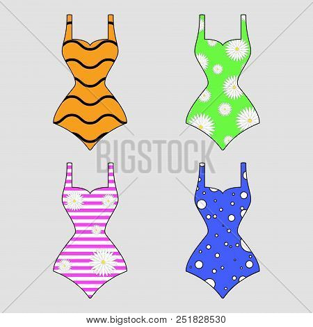Swimsuit. Vector Of A Set Of Swimsuits. Bright Swimsuits On The Theme Of Summer.